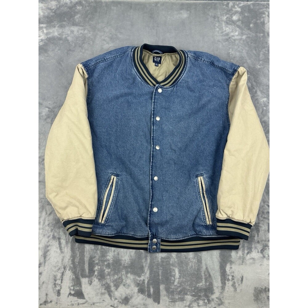 GAP Washwell Denim Varsity Jacket Mens Size XXL Two Tone Bomber Tan Sleeves